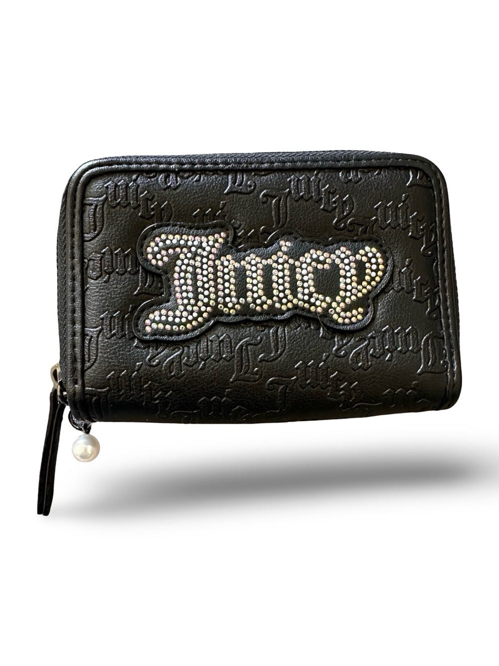 Juicy Couture Black Embossed Wallet with Crystal Logo and Pearl Charm